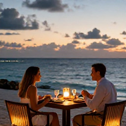 Caribbean Holidays, February Couples Holidays, A couple dining at an intimate beachfront restaurant in Turks and Caicos at sunset, lanterns glowing and ocean beyond