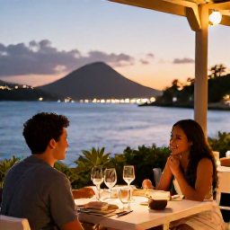 Caribbean Holidays, February Couples Holidays, A couple dining outdoors at a waterfront restaurant in Saint Vincent and the Grenadines during a warm evening