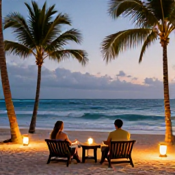 Caribbean Holidays, February Couples Holidays, A couple enjoying a relaxed evening on a Dominican Republic beach, with warm lights, palm trees and the sea at dusk