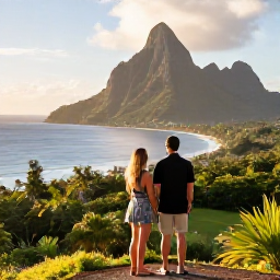 Caribbean Holidays, February Couples Holidays, A couple enjoying a scenic viewpoint overlooking the Pitons and lush Saint Lucian coastline in soft afternoon sunlight