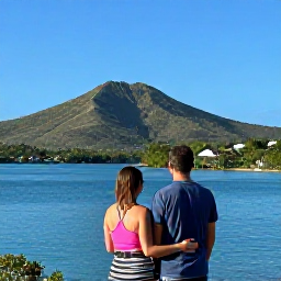 Caribbean Holidays, February Couples Holidays, A couple looking out across a calm Caribbean bay from a viewpoint on Saint Kitts, lush hills, blue water and clear February sky