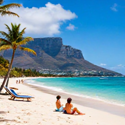 Caribbean Holidays, February Couples Holidays, A couple relaxing beside a turquoise bay on Nevis, palm trees, sun loungers and Mount Nevis rising behind the coast