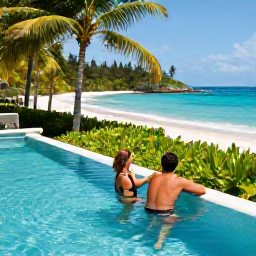 Caribbean Holidays, February Couples Holidays, A couple relaxing beside an infinity pool overlooking Grace Bay Beach, tropical greenery and bright blue sea