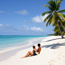 Caribbean Holidays, February Couples Holidays, A couple relaxing on a quiet white-sand beach with turquoise water and palm trees on a Grenadine island