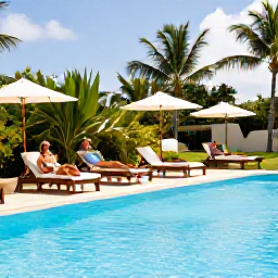 Caribbean Holidays, February Couples Holidays, A couple relaxing on comfortable sun loungers beside a Caribbean infinity pool, lush tropical gardens and bright February sunshine