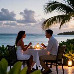 Caribbean Holidays, February Couples Holidays, A couple sharing a candlelit dinner on a Caribbean waterfront terrace, soft lantern light, tropical plants and the sea beyond