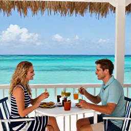 Caribbean Holidays, February Couples Holidays, A couple sharing breakfast on a shaded terrace overlooking the turquoise Caribbean Sea on Providenciales