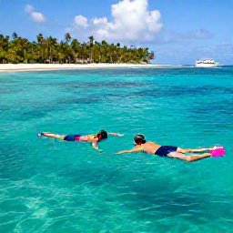 Caribbean Holidays, February Couples Holidays, A couple snorkelling in clear Caribbean water near a tropical island in the Dominican Republic, with colourful fish and a boat in the distance