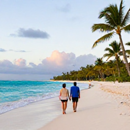 Caribbean Holidays, February Couples Holidays, A couple walking along a calm white-sand beach at sunrise in Punta Cana, Dominican Republic, with turquoise sea and palm trees