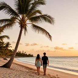 Caribbean Holidays, February Couples Holidays, A couple walking along a quiet Caribbean beach at sunset in February, warm golden light, palm trees and calm turquoise sea