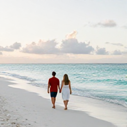 Caribbean Holidays, February Couples Holidays, A couple walking barefoot along a quiet white-sand beach in Turks and Caicos at sunrise, turquoise sea and soft morning light