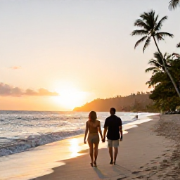Caribbean Holidays, February Couples Holidays, A couple walking hand in hand along a quiet Caribbean beach in Saint Vincent and the Grenadines at sunset
