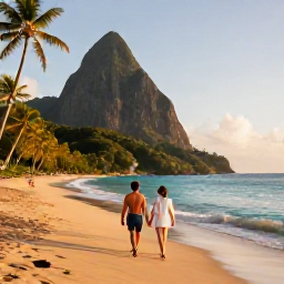 Caribbean Holidays, February Couples Holidays, A couple walking hand in hand along a quiet golden beach in Saint Lucia during a warm February afternoon, turquoise sea and palm trees