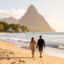 Caribbean Holidays, February Couples Holidays, A couple walking hand in hand along a quiet golden beach in Saint Lucia during a warm February afternoon