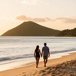Caribbean Holidays, February Couples Holidays, A couple walking hand in hand along a quiet golden beach on Saint Kitts at sunset, calm Caribbean Sea and green hills in the background