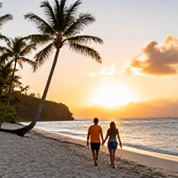Caribbean Holidays, February Couples Holidays, A couple walking hand in hand along a quiet tropical beach in Saint Vincent and the Grenadines at sunset