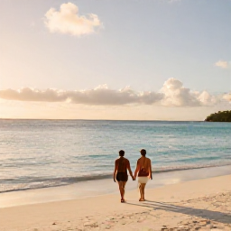 Caribbean Holidays, February Couples Holidays, A couple walking hand in hand along a quiet white-sand beach in Antigua at sunset, calm turquoise sea and warm Caribbean light