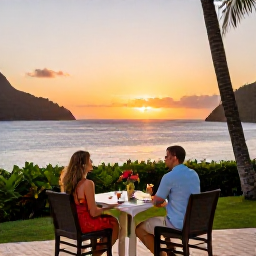 Caribbean Holidays, February Couples Holidays, A romantic open-air table for two overlooking the Caribbean Sea in Saint Lucia at sunset