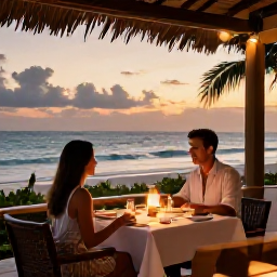 Caribbean Holidays, February Couples Holidays, An elegant beachfront restaurant at sunset in the Dominican Republic, with a couple dining at a candlelit table overlooking the sea