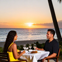 Caribbean Holidays, February Couples Holidays, Couple dining at an elegant beachfront restaurant in Grand Case with sunset sea views