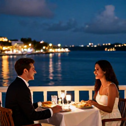 Caribbean Holidays, February Couples Holidays, Couple dining at an elegant waterside restaurant in Gustavia, Saint Barth&eacute;lemy, with harbour lights in the background