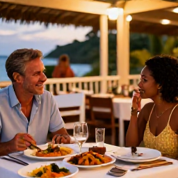Caribbean Holidays, February Couples Holidays, Couple dining outdoors at a Caribbean restaurant in Trinidad and Tobago, local dishes, warm evening light and relaxed atmosphere