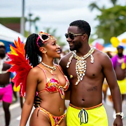 Caribbean Holidays, February Couples Holidays, Couple enjoying a colourful Trinidad Carnival street parade in daylight, dancers in bright costumes, lively Caribbean atmosphere