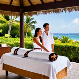 Caribbean Holidays, February Couples Holidays, Couple enjoying a private spa treatment at a Saint Lucia resort, open-air setting with tropical greenery and ocean views