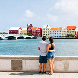 Caribbean Holidays, February Couples Holidays, Couple exploring colourful colonial buildings in Willemstad, Cura&ccedil;ao, with the Queen Emma floating bridge and waterfront in the background