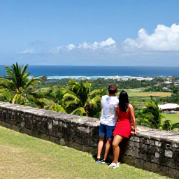 Caribbean Holidays, February Couples Holidays, Couple exploring historic Brimstone Hill Fortress on Saint Kitts, stone walls, tropical landscape and panoramic sea views