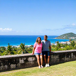 Caribbean Holidays, February Couples Holidays, Couple exploring historic Brimstone Hill Fortress on Saint Kitts, tropical landscape and sea views under clear blue skies