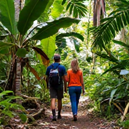 Caribbean Holidays, February Couples Holidays, Couple exploring lush Tobago rainforest on a clear walking trail with tropical plants and filtered sunlight
