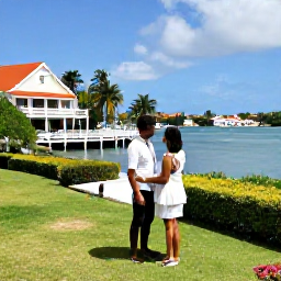 Caribbean Holidays, February Couples Holidays, Couple exploring Nelson's Dockyard in Antigua, historic Georgian buildings, harbour views and tropical surroundings