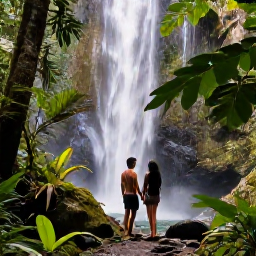 Caribbean Holidays, February Couples Holidays, Couple hiking through El Yunque National Forest in Puerto Rico, lush tropical plants, gentle waterfall and filtered sunlight