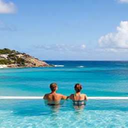 Caribbean Holidays, February Couples Holidays, Couple relaxing beside an infinity pool overlooking the Caribbean Sea on Saint Barth&eacute;lemy