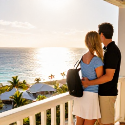 Caribbean Holidays, February Couples Holidays, Couple relaxing on a balcony overlooking the Caribbean Sea in warm February sunshine on Saint Martin