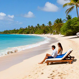 Caribbean Holidays, February Couples Holidays, Couple relaxing on a quiet Puerto Rican beach with turquoise water, soft sand, sun loungers and tropical greenery