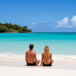 Caribbean Holidays, February Couples Holidays, Couple relaxing on a secluded white sand beach beside calm turquoise sea in the Grenadines