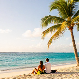 Caribbean Holidays, February Couples Holidays, Couple relaxing on a sunny Trinidad and Tobago beach in February, turquoise sea, palm trees and soft golden light