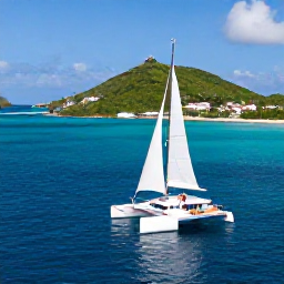 Caribbean Holidays, February Couples Holidays, Couple sailing on a catamaran past green Caribbean islands and clear blue water around Saint Martin