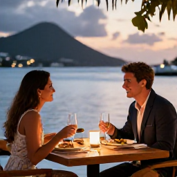 Caribbean Holidays, February Couples Holidays, Couple sharing a romantic dinner at a relaxed waterfront restaurant in Saint Vincent and the Grenadines