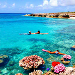 Caribbean Holidays, February Couples Holidays, Couple snorkelling in clear Cura&ccedil;ao water above a colourful coral reef, tropical fish and rocky coastline visible below
