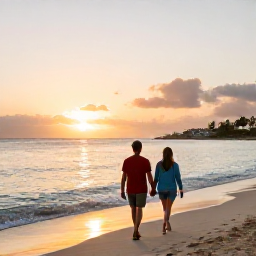Caribbean Holidays, February Couples Holidays, Couple walking hand in hand along a calm Caribbean beach at sunset on Saint Martin
