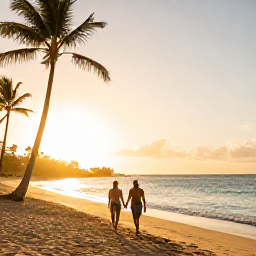 Caribbean Holidays, February Couples Holidays, Couple walking hand in hand along a golden beach in Puerto Rico at sunset, warm February light, palm trees and calm turquoise sea