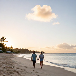 Caribbean Holidays, February Couples Holidays, Couple walking hand in hand along a quiet Caribbean beach in Saint Martin at sunrise