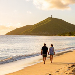 Caribbean Holidays, February Couples Holidays, Couple walking hand in hand along a quiet golden beach in Saint Kitts at sunset, calm Caribbean Sea and green hills in the background