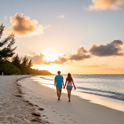 Caribbean Holidays, February Couples Holidays, Couple walking hand in hand along a quiet white-sand beach in Saint Barth&eacute;lemy at sunset