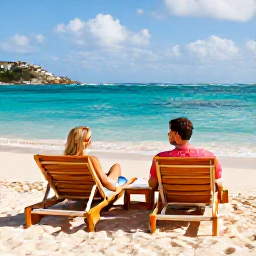 Caribbean Holidays, February Couples Holidays, Golden sandy beach with turquoise water, sun loungers and a couple relaxing in February sunshine on Saint Martin