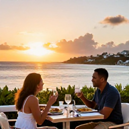 Caribbean Holidays, February Couples Holidays, Outdoor French Caribbean restaurant at sunset with a couple enjoying dinner and sea views in Saint Martin