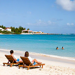 Caribbean Holidays, February Couples Holidays, Quiet sandy cove with turquoise water, sun loungers and a couple swimming on Saint Martin